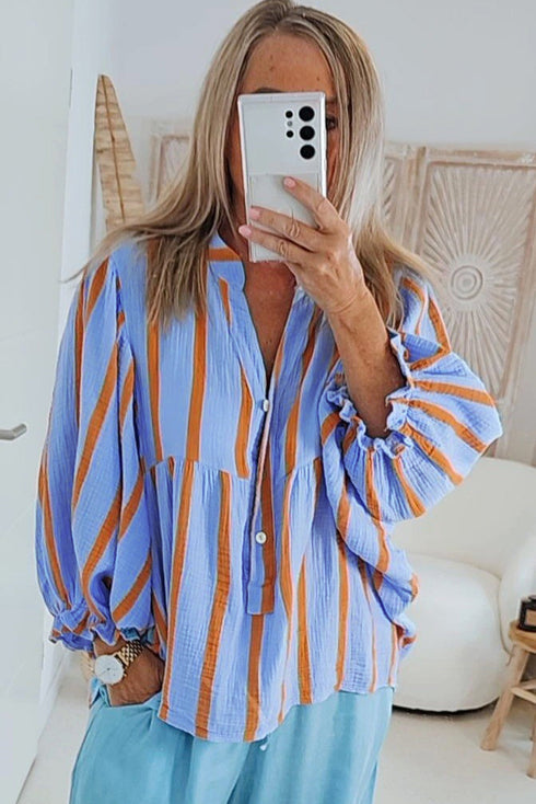 Stripe Crinckled Ruffled Sleeve Button up Loose Shirt